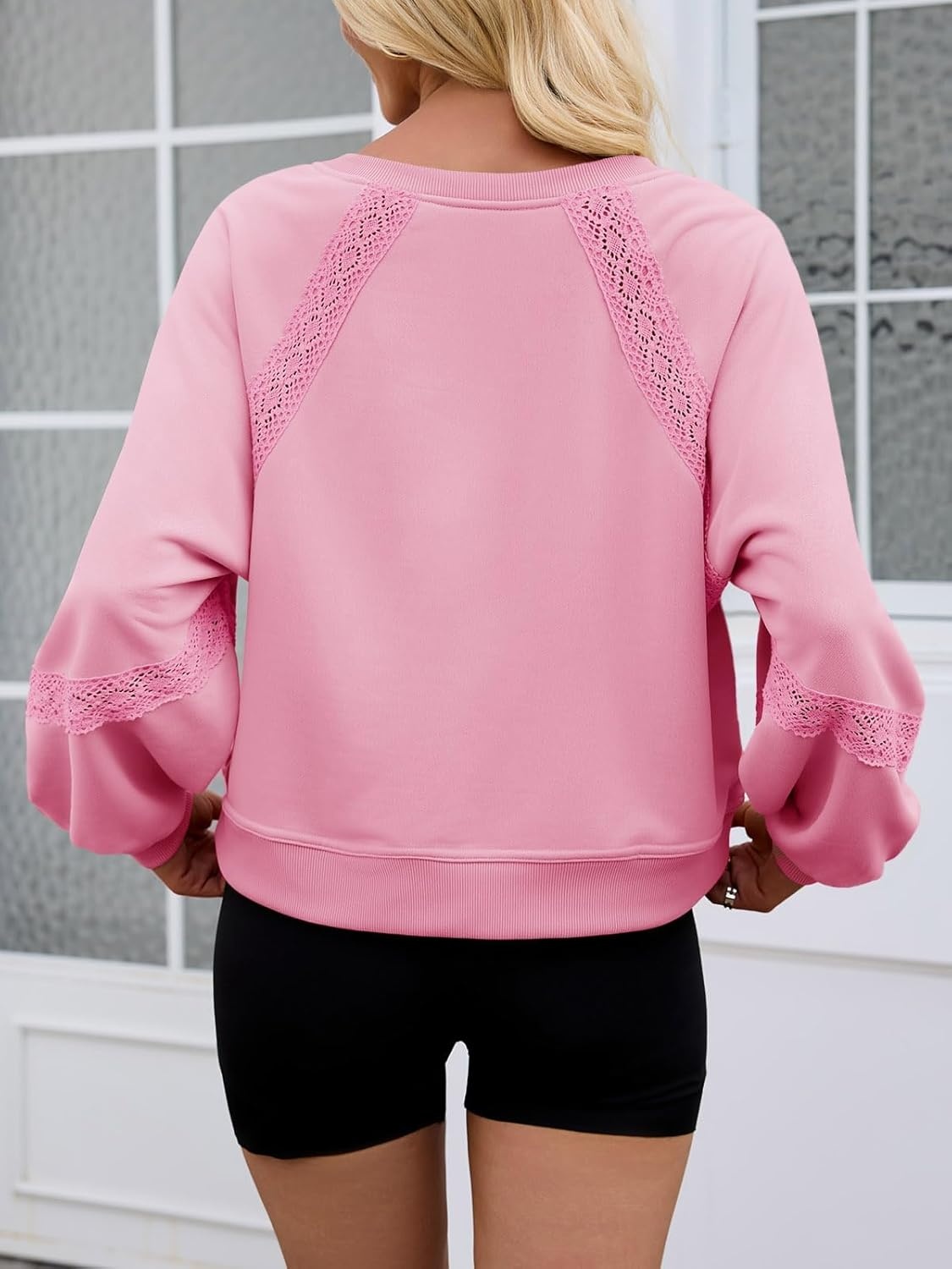image:imageFisoew Womens Casual Sweatshirt Lantern Long Sleeve V Neck Lace Loose Fit Fall Pullover TopsPink