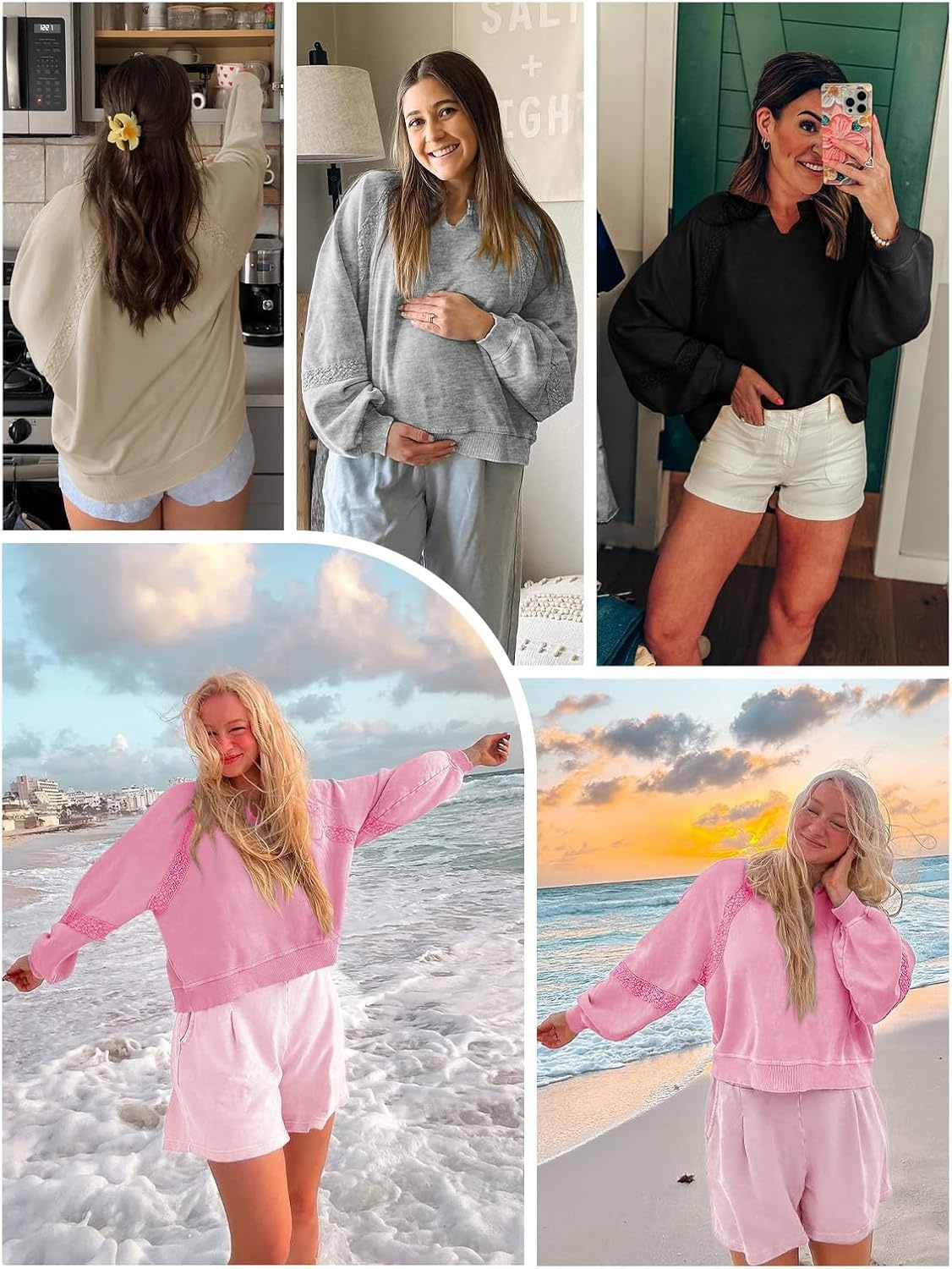 image:imageFisoew Womens Casual Sweatshirt Lantern Long Sleeve V Neck Lace Loose Fit Fall Pullover TopsWhite