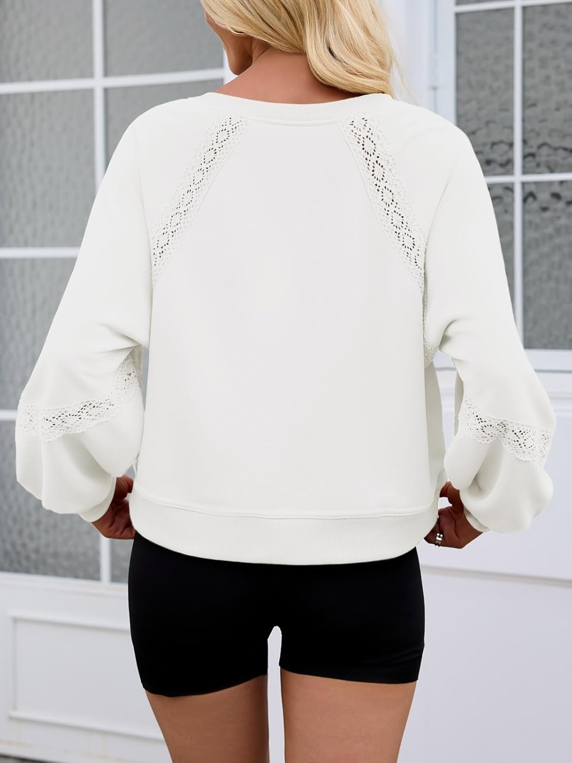 image:imageFisoew Womens Casual Sweatshirt Lantern Long Sleeve V Neck Lace Loose Fit Fall Pullover TopsWhite