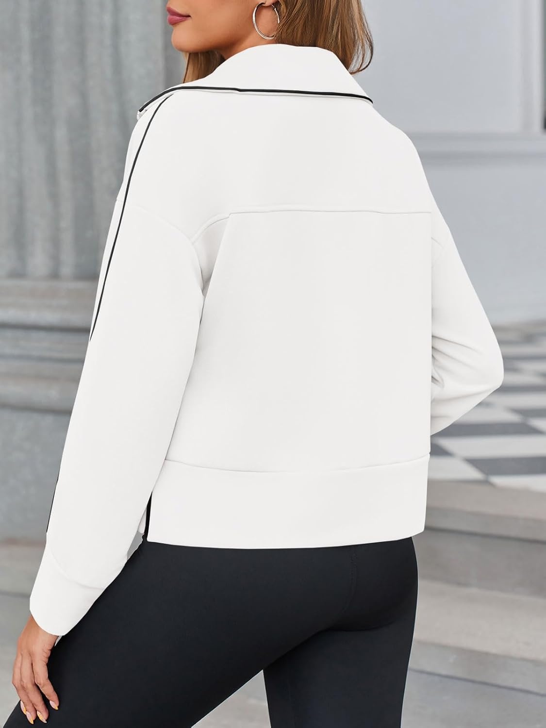 image:imageFisoew Womens Oversized Half Zip Sweatshirt Casual Long Sleeve Loose Fall Cropped Pullover TopsWhite