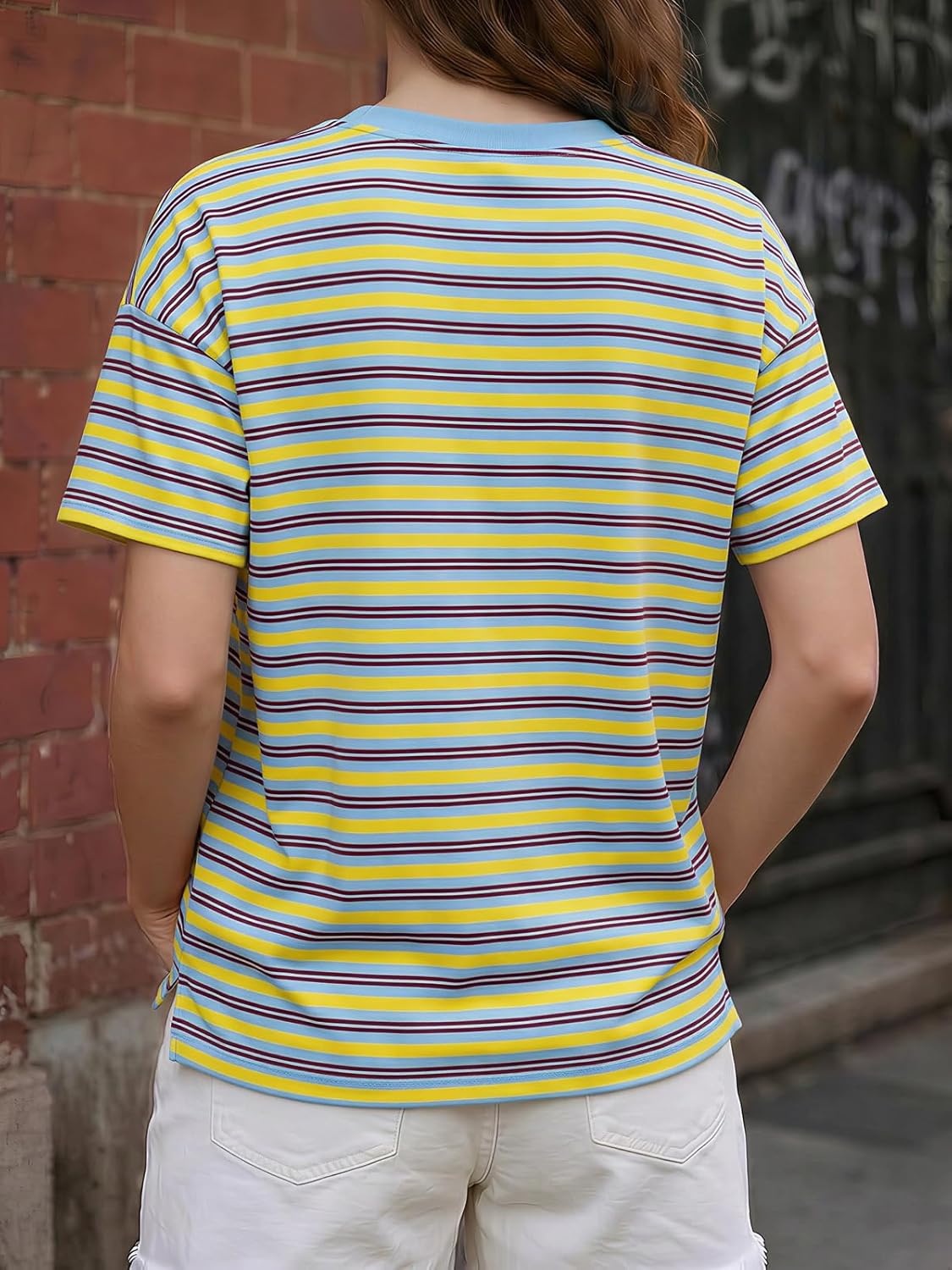 image:imageFisoew Womens Striped TShirts Casual Short Sleeve Tee Color Block Drop Shoulder Workout Basic Tops Y2K Fashion 2026Blue