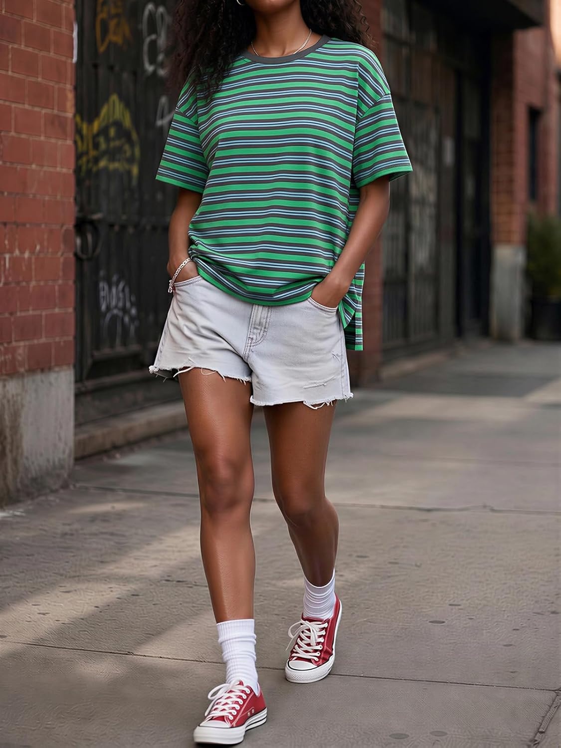image:imageFisoew Womens Striped TShirts Casual Short Sleeve Tee Color Block Drop Shoulder Workout Basic Tops Y2K Fashion 2026Green