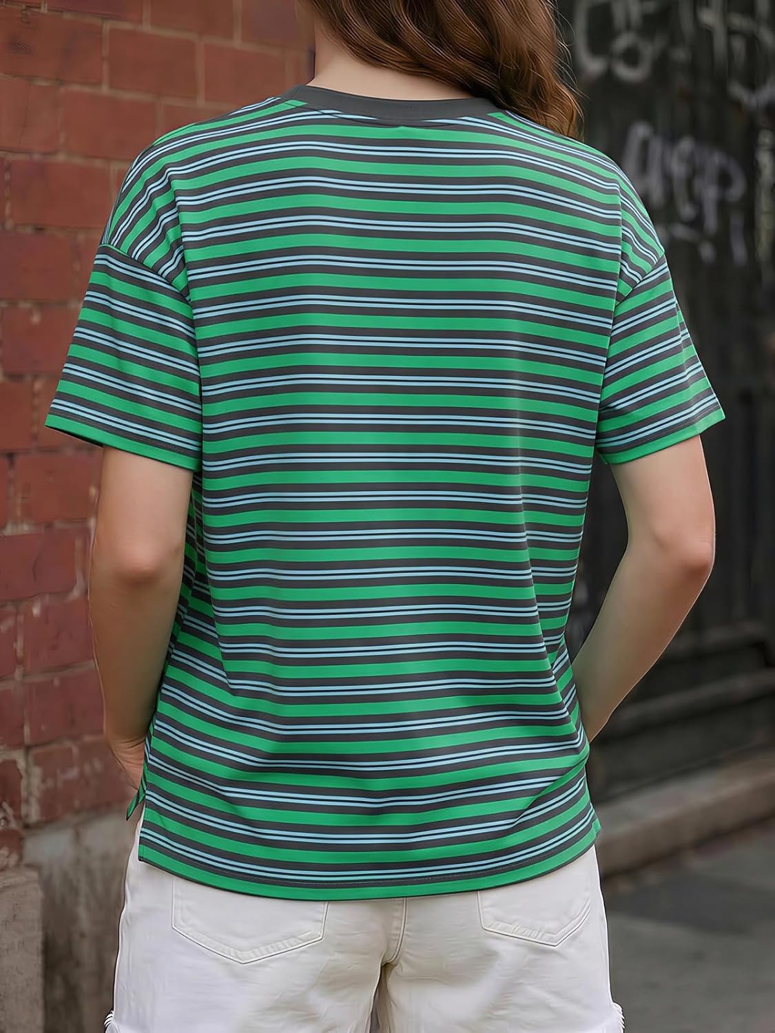 image:imageFisoew Womens Striped TShirts Casual Short Sleeve Tee Color Block Drop Shoulder Workout Basic Tops Y2K Fashion 2026Green