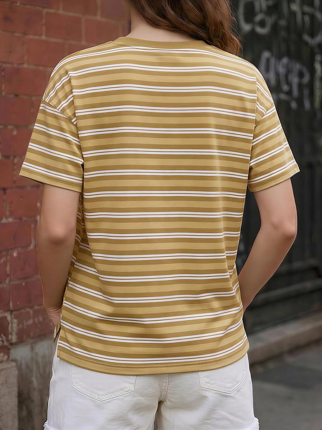 image:imageFisoew Womens Striped TShirts Casual Short Sleeve Tee Color Block Drop Shoulder Workout Basic Tops Y2K Fashion 2026Khaki