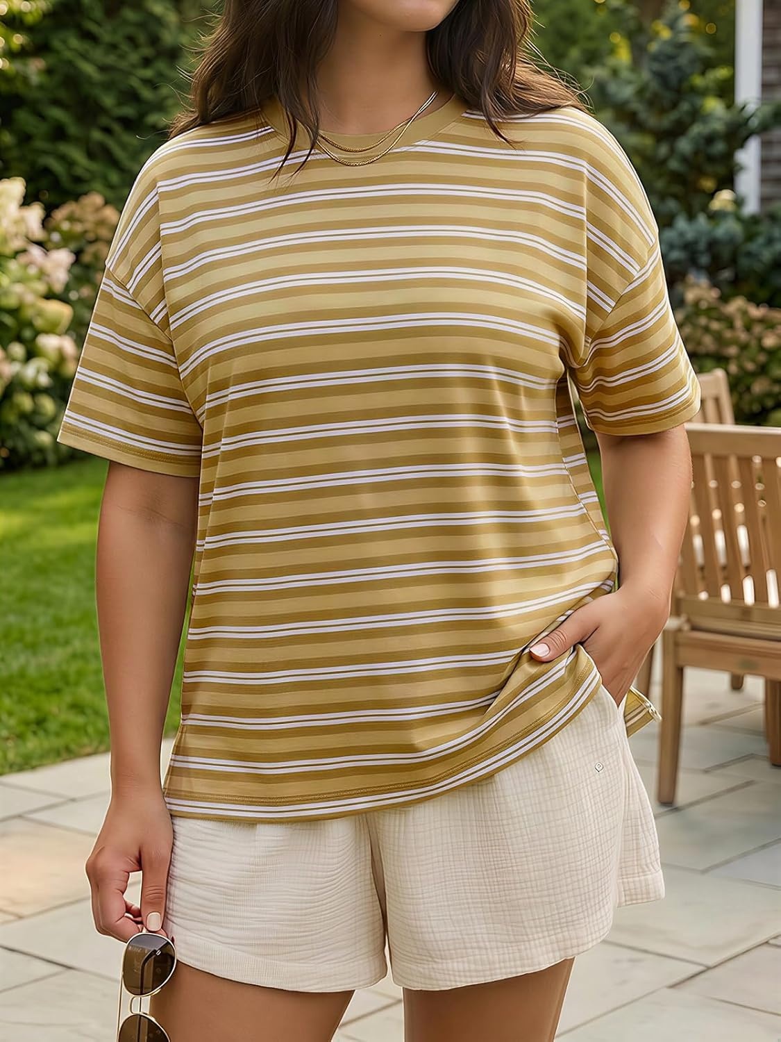 image:imageFisoew Womens Striped TShirts Casual Short Sleeve Tee Color Block Drop Shoulder Workout Basic Tops Y2K Fashion 2026Khaki