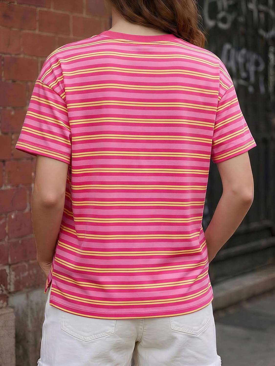 image:imageFisoew Womens Striped TShirts Casual Short Sleeve Tee Color Block Drop Shoulder Workout Basic Tops Y2K Fashion 2026Pink