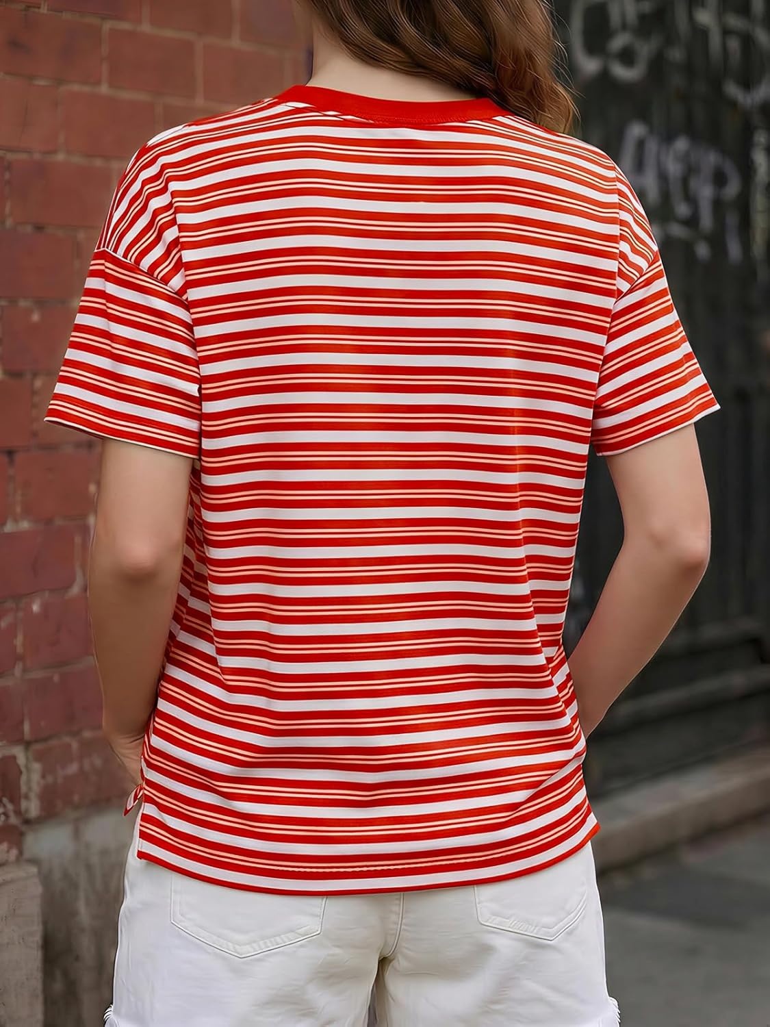 image:imageFisoew Womens Striped TShirts Casual Short Sleeve Tee Color Block Drop Shoulder Workout Basic Tops Y2K Fashion 2026Red