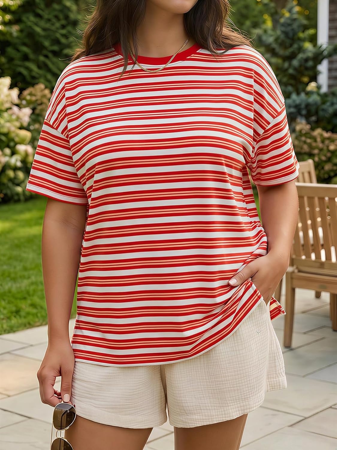 image:imageFisoew Womens Striped TShirts Casual Short Sleeve Tee Color Block Drop Shoulder Workout Basic Tops Y2K Fashion 2026Red