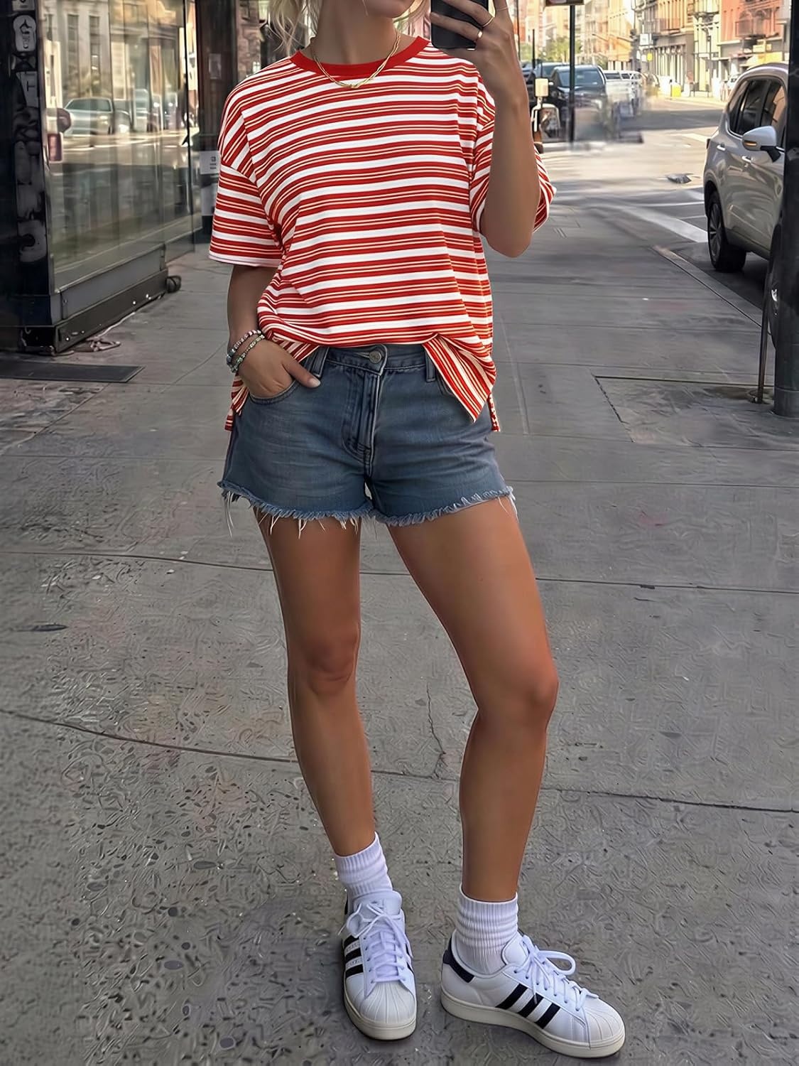 image:imageFisoew Womens Striped TShirts Casual Short Sleeve Tee Color Block Drop Shoulder Workout Basic Tops Y2K Fashion 2026Red