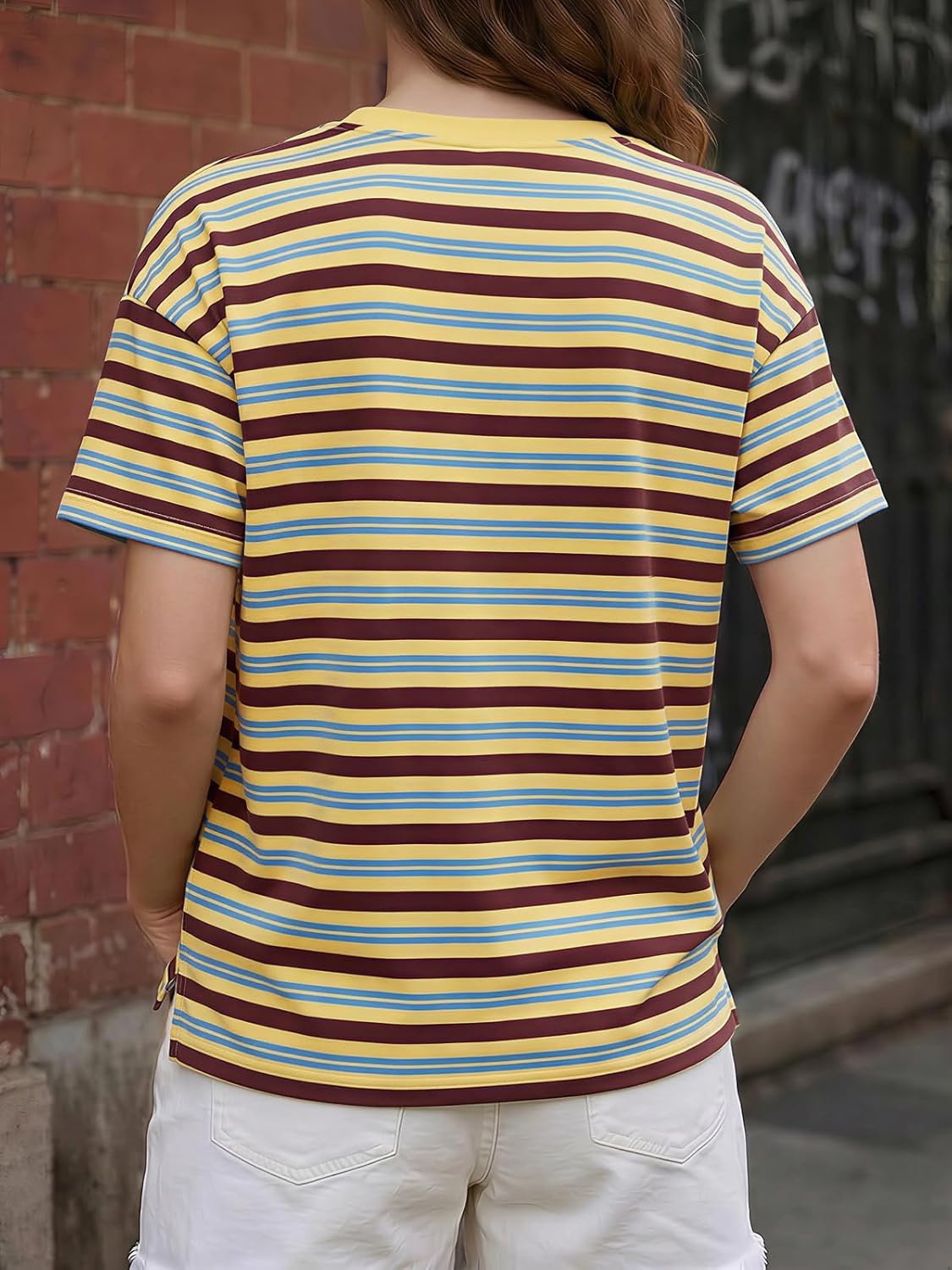 image:imageFisoew Womens Striped TShirts Casual Short Sleeve Tee Color Block Drop Shoulder Workout Basic Tops Y2K Fashion 2026Yellow