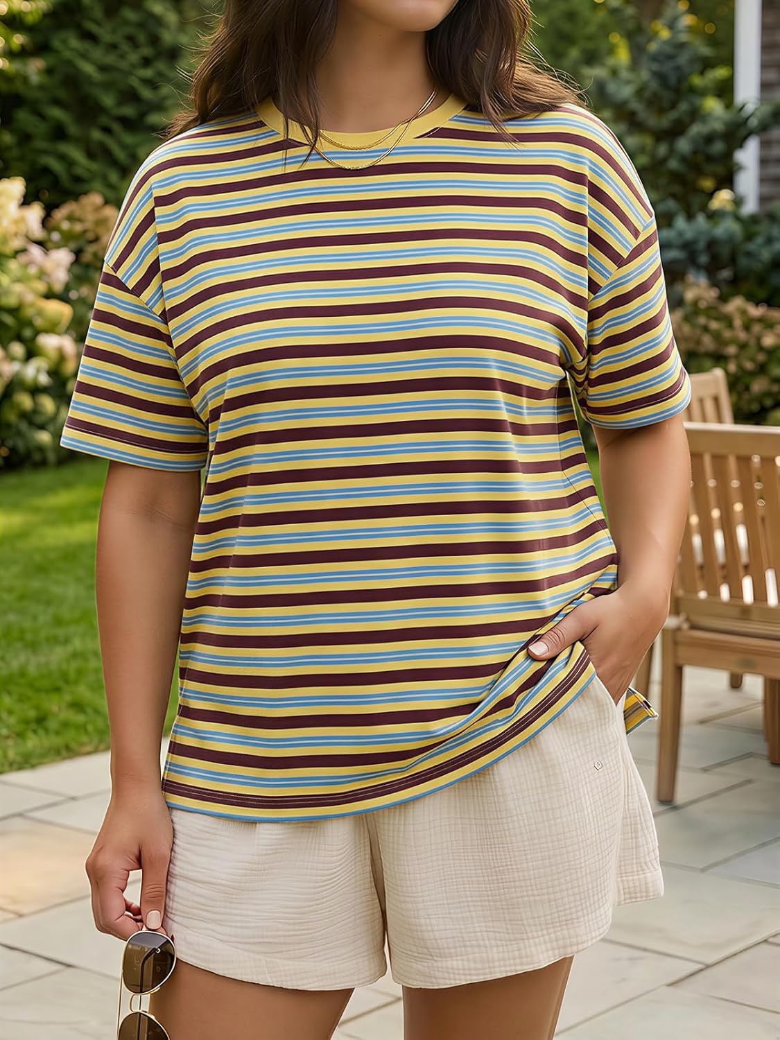image:imageFisoew Womens Striped TShirts Casual Short Sleeve Tee Color Block Drop Shoulder Workout Basic Tops Y2K Fashion 2026Yellow