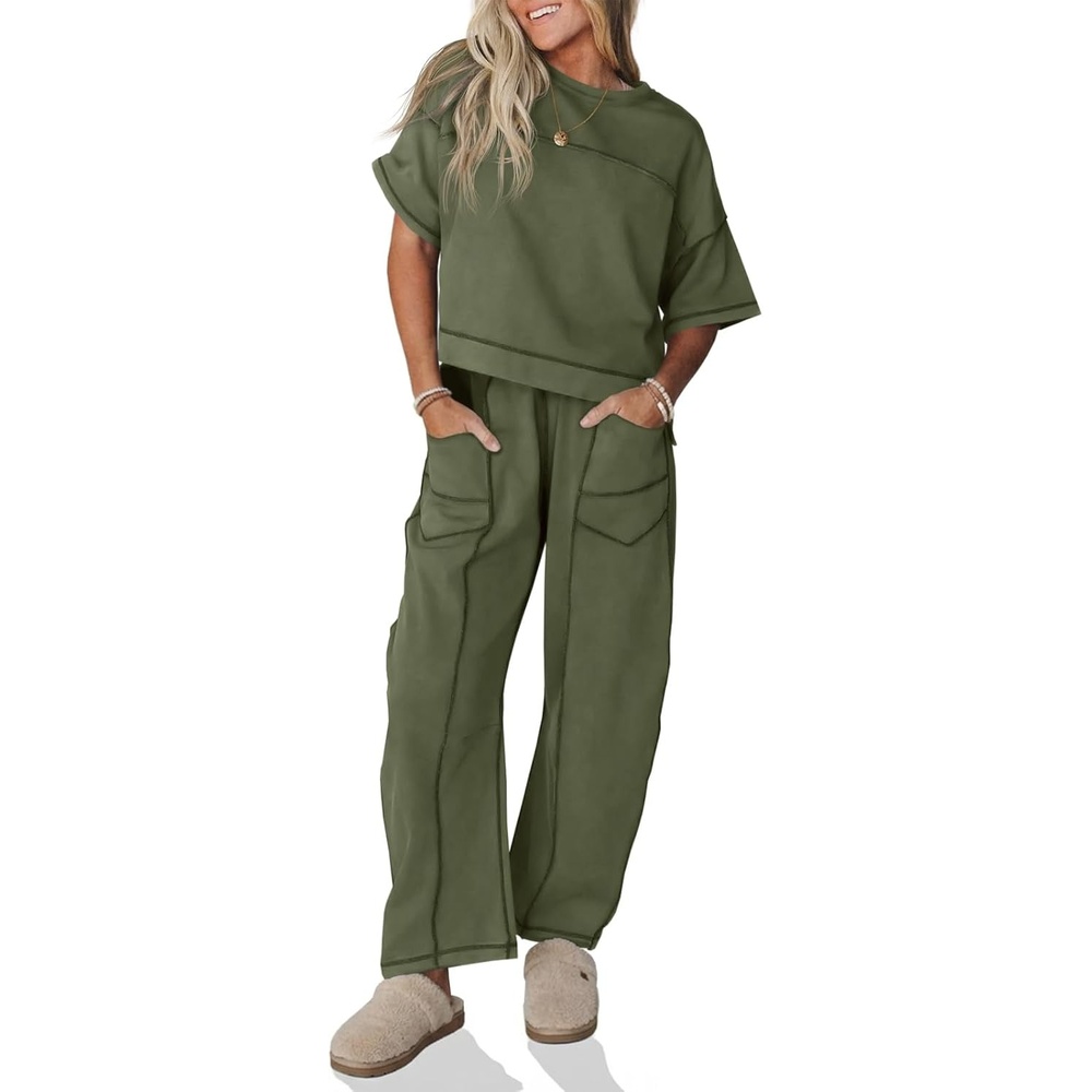 image:imageFisoew Womens 2 Piece Outfits Lounge Sets Short Sleeve Tops and Wide Leg Pants Travel Vacation Casual Matching SetsArmy Green