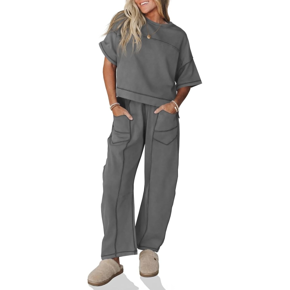 image:imageFisoew Womens 2 Piece Outfits Lounge Sets Short Sleeve Tops and Wide Leg Pants Travel Vacation Casual Matching SetsDark Grey
