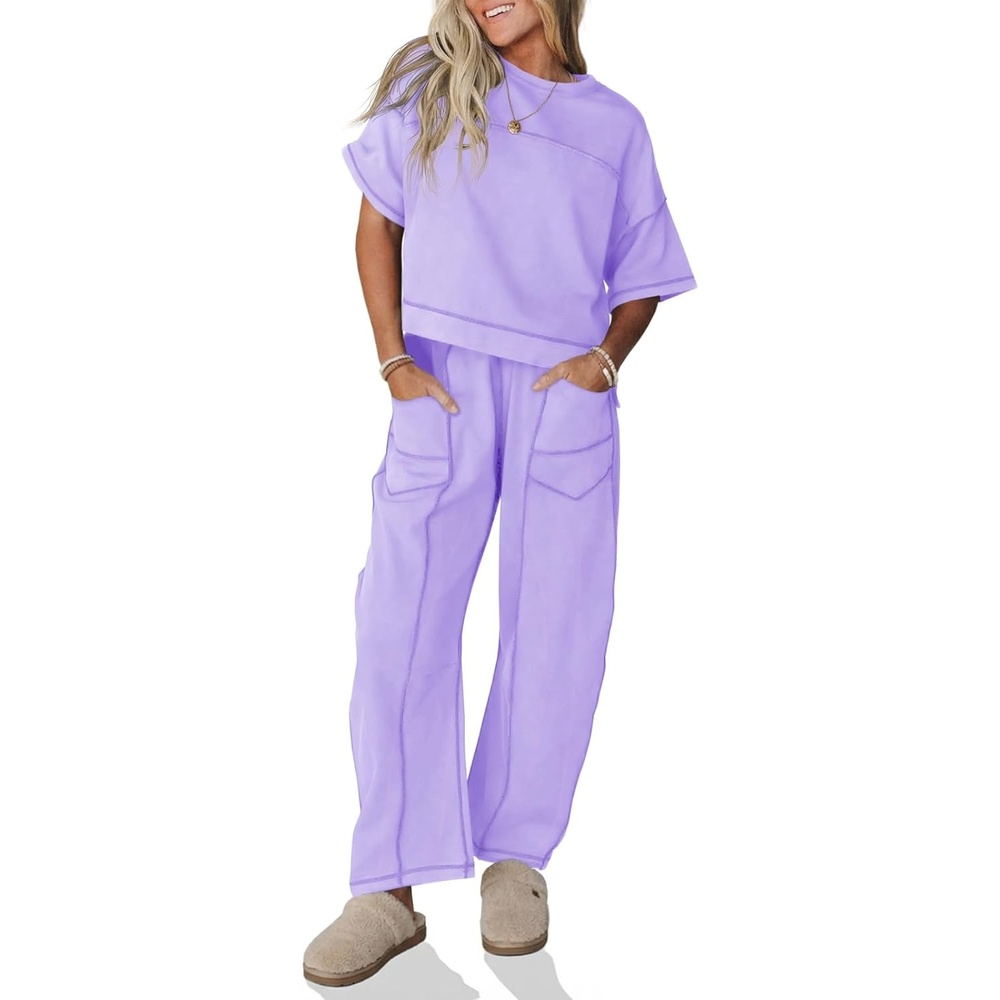 image:imageFisoew Womens 2 Piece Outfits Lounge Sets Short Sleeve Tops and Wide Leg Pants Travel Vacation Casual Matching SetsViolet