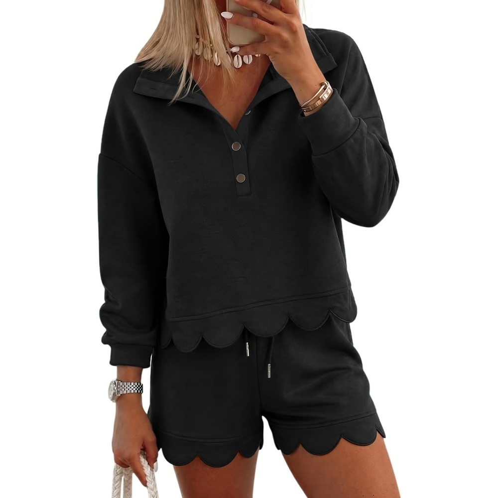 image:imageFisoew Womens 2 Piece Sets Sweatsuits Casual Half Button Long Sleeve Tops and Shorts Sweatshirt Workout Lounge SetsBlack