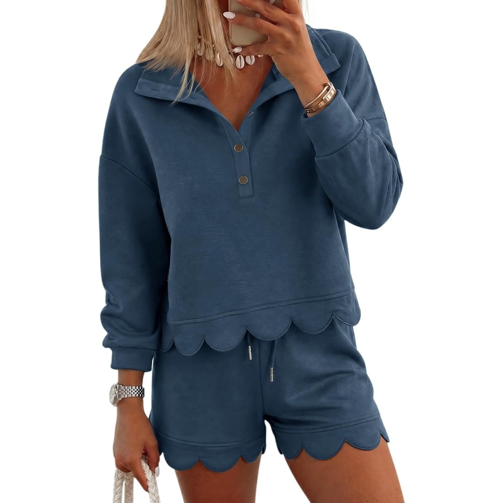 image:imageFisoew Womens 2 Piece Sets Sweatsuits Casual Half Button Long Sleeve Tops and Shorts Sweatshirt Workout Lounge SetsDark Blue