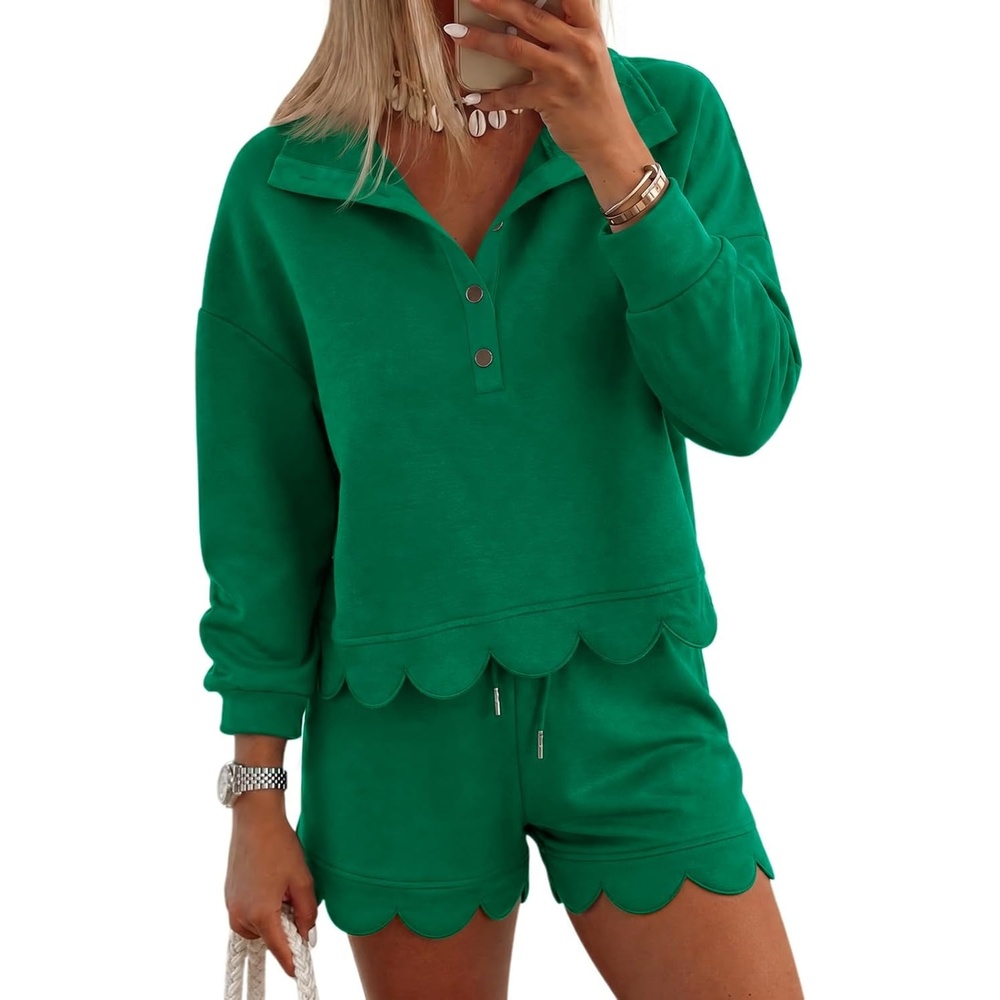 image:imageFisoew Womens 2 Piece Sets Sweatsuits Casual Half Button Long Sleeve Tops and Shorts Sweatshirt Workout Lounge SetsGreen