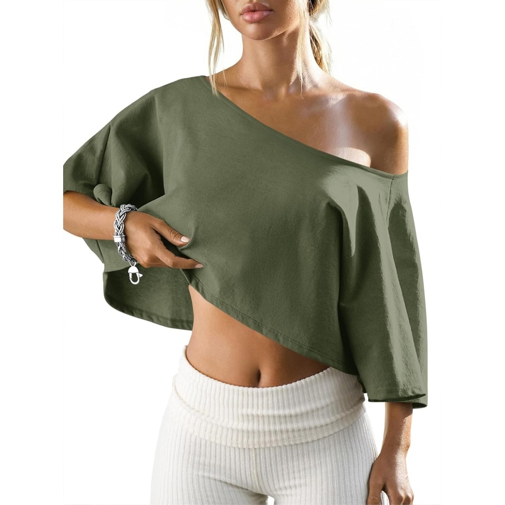 image:imageFisoew Womens Off The Shoulder Cropped Tops Batwing Short Sleeve Workout Shirts Asymmetrical Neck Summer Casual T ShirtsArmy Green
