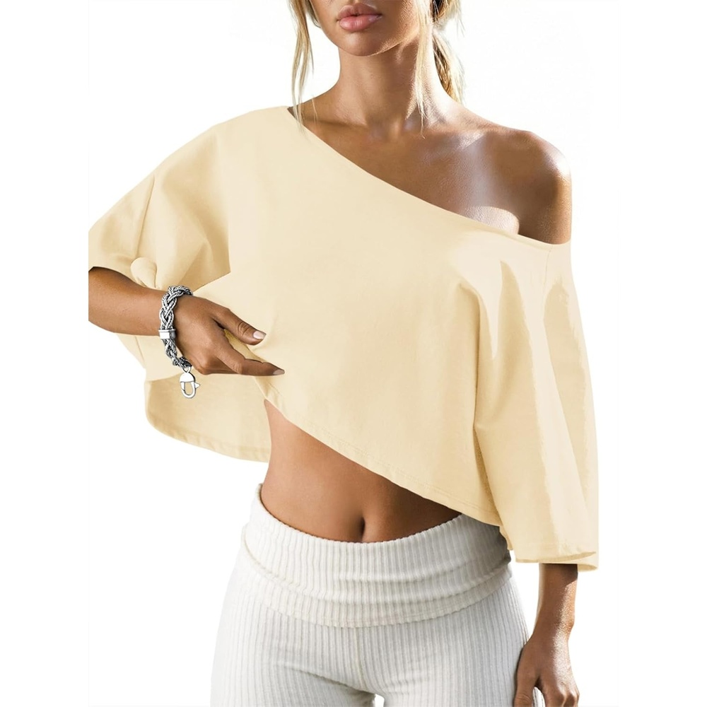 image:imageFisoew Womens Off The Shoulder Cropped Tops Batwing Short Sleeve Workout Shirts Asymmetrical Neck Summer Casual T ShirtsBeige