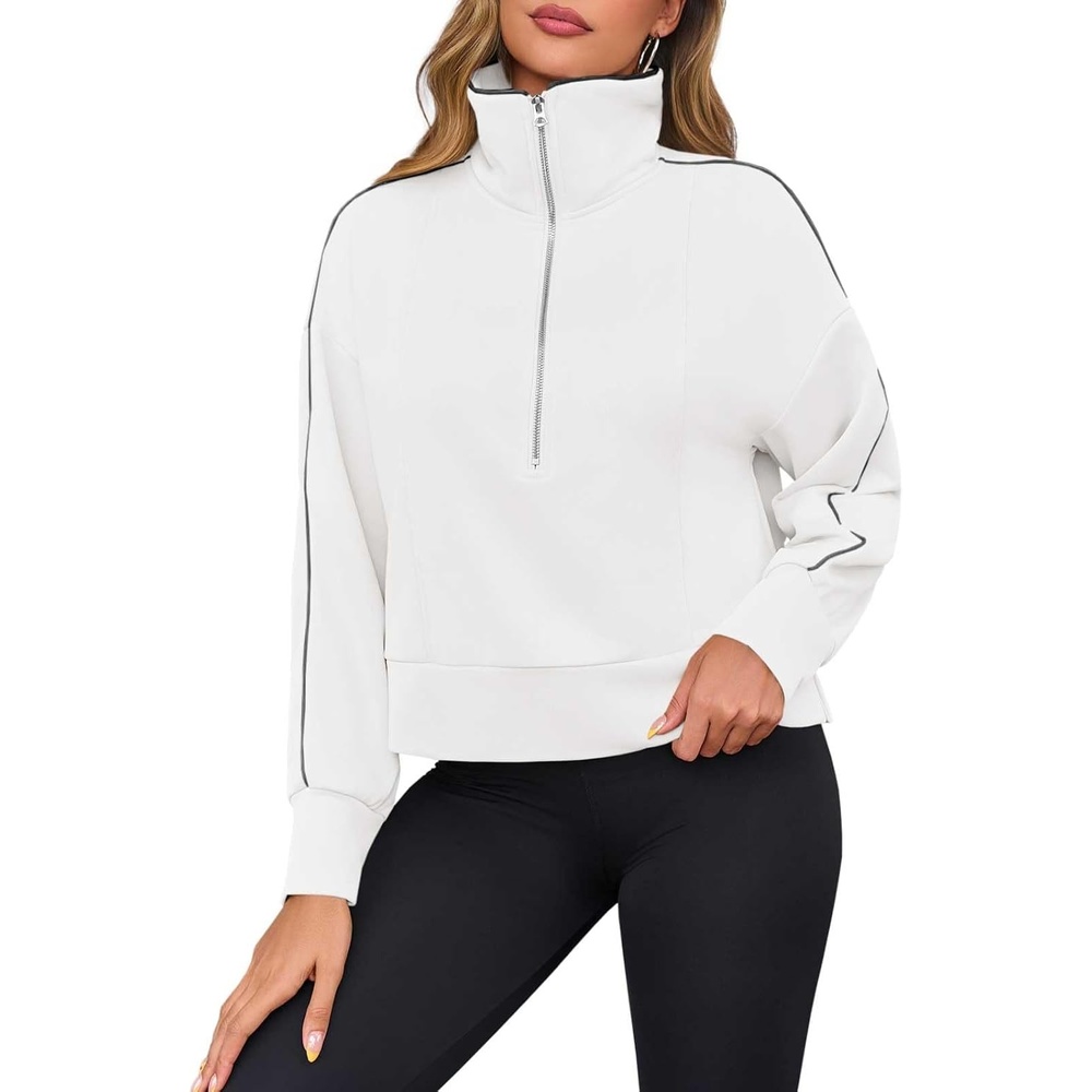 image:imageFisoew Womens Oversized Half Zip Sweatshirt Casual Long Sleeve Loose Fall Cropped Pullover TopsWhite