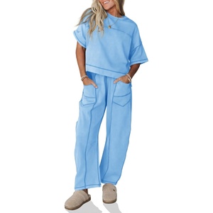 Fisoew Womens 2 Piece Outfits Lounge Sets Short Sleeve Tops and Wide Leg Pants Travel Vacation Casual Matching Sets(Light Blue)