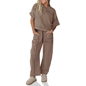 Fisoew Womens 2 Piece Outfits Lounge Sets Short Sleeve Tops and Wide Leg Pants Travel Vacation Casual Matching Sets(Light Brown)