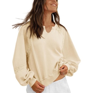 Fisoew Womens Casual Sweatshirt Lantern Long Sleeve V Neck Lace Loose Fit Fall Pullover Tops(Beige)