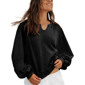 Fisoew Womens Casual Sweatshirt Lantern Long Sleeve V Neck Lace Loose Fit Fall Pullover Tops(Black)