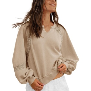 Fisoew Womens Casual Sweatshirt Lantern Long Sleeve V Neck Lace Loose Fit Fall Pullover Tops(Khaki)