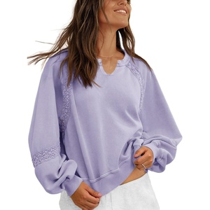 Fisoew Womens Casual Sweatshirt Lantern Long Sleeve V Neck Lace Loose Fit Fall Pullover Tops(Lavender)