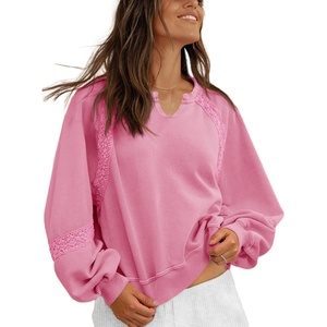 Fisoew Womens Casual Sweatshirt Lantern Long Sleeve V Neck Lace Loose Fit Fall Pullover Tops(Pink)
