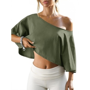 Fisoew Womens Off The Shoulder Cropped Tops Batwing Short Sleeve Workout Shirts Asymmetrical Neck Summer Casual T Shirts(Army Green)