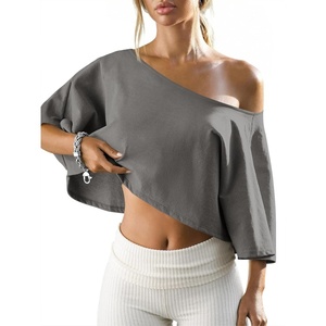 Fisoew Womens Off The Shoulder Cropped Tops Batwing Short Sleeve Workout Shirts Asymmetrical Neck Summer Casual T Shirts(Grey)
