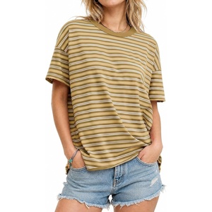 Fisoew Womens Striped T-Shirts Casual Short Sleeve Tee Color Block Drop Shoulder Workout Basic Tops Y2K Fashion 2026(Khaki)