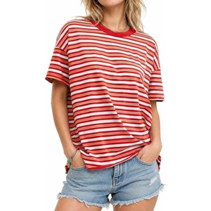 Fisoew Womens Striped T-Shirts Casual Short Sleeve Tee Color Block Drop Shoulder Workout Basic Tops Y2K Fashion 2026(Red)