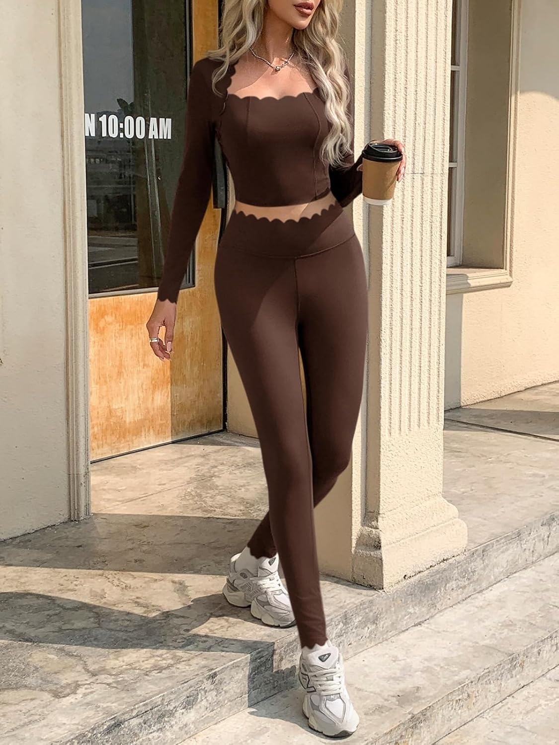 image:imageFisoew Two Piece Workout Sets For Women High Waisted Scolloped Leggings with Crop Tops Gym Yoga Active Wear OutfitsBrown