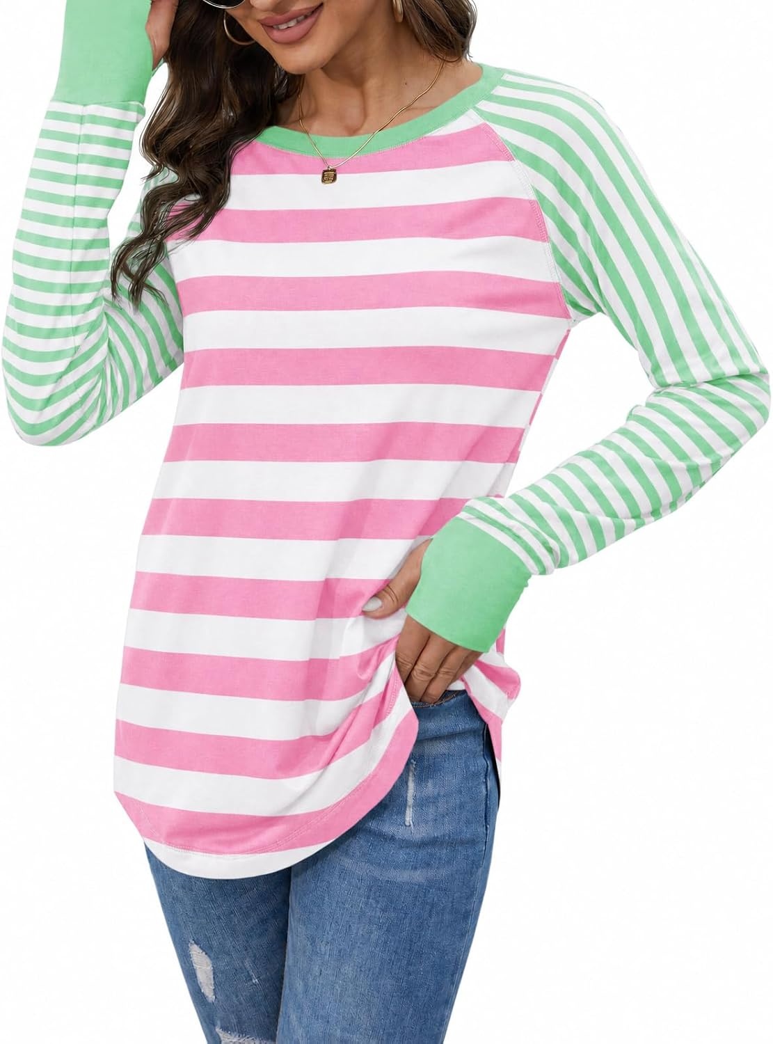 image:imageFisoew Womens Casual Long Sleeve Tops Crew Neck Round Hem Loose TShirts Tunic Tops with Thumb HolesZ Pink
