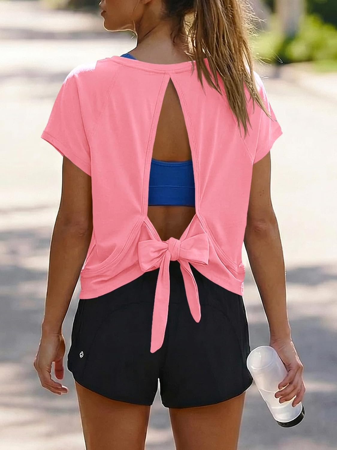 image:imageFisoew Womens Open Back Workout Crop Tops V Neck Short Sleeve Athletic Shirts Tie Back Oversized Gym Running Yoga TeePink
