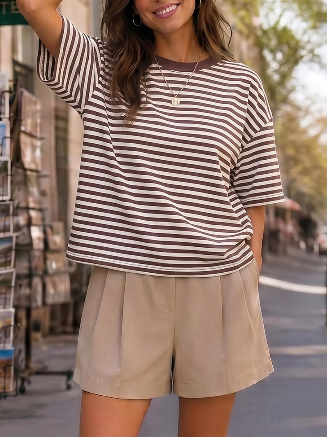 image:imageFisoew Womens Oversized Striped T Shirts Drop Shoulder Color Block Short Sleeve Tops Casual Crewneck Y2K ClothesBrown