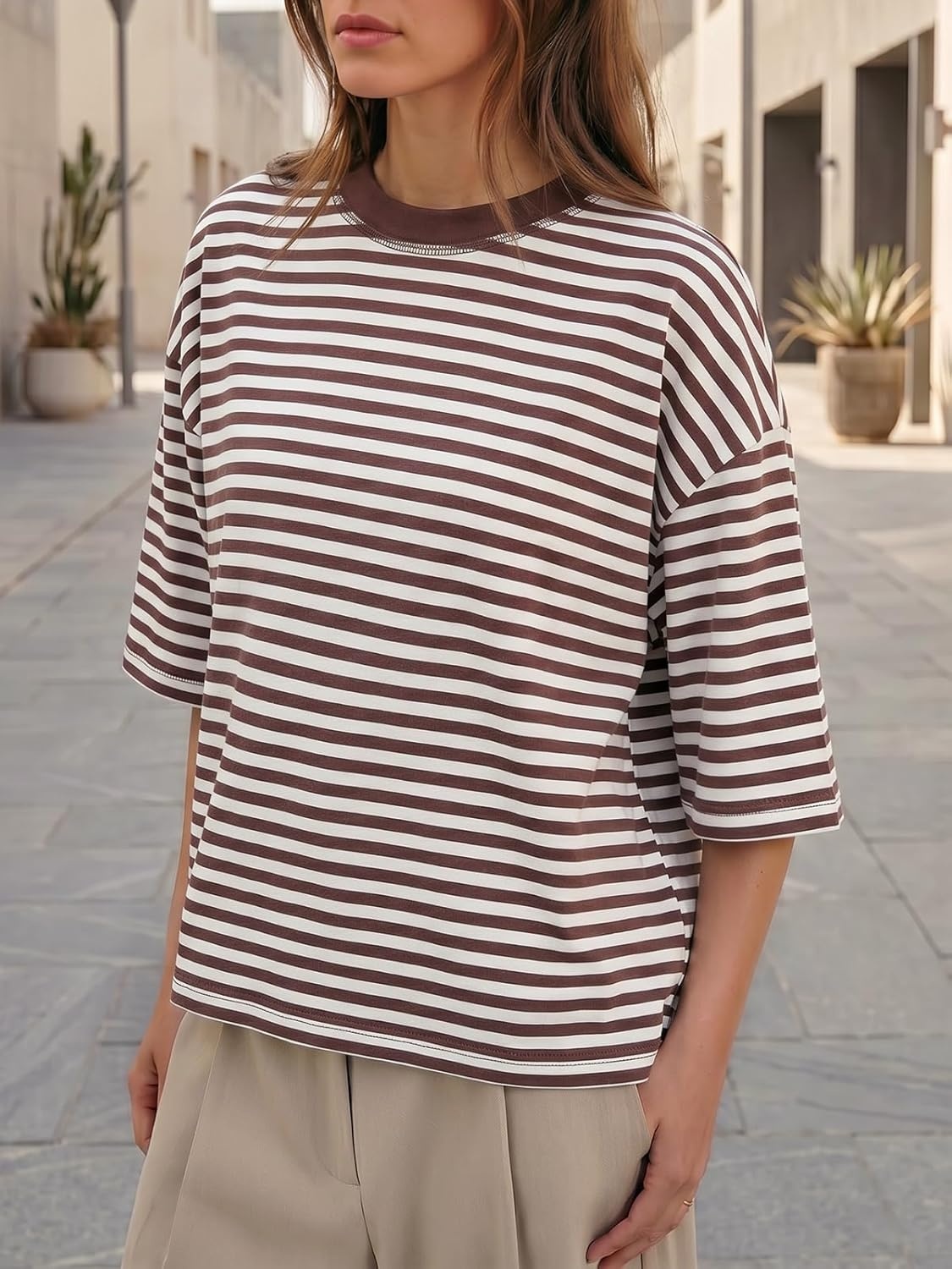 image:imageFisoew Womens Oversized Striped T Shirts Drop Shoulder Color Block Short Sleeve Tops Casual Crewneck Y2K ClothesBrown