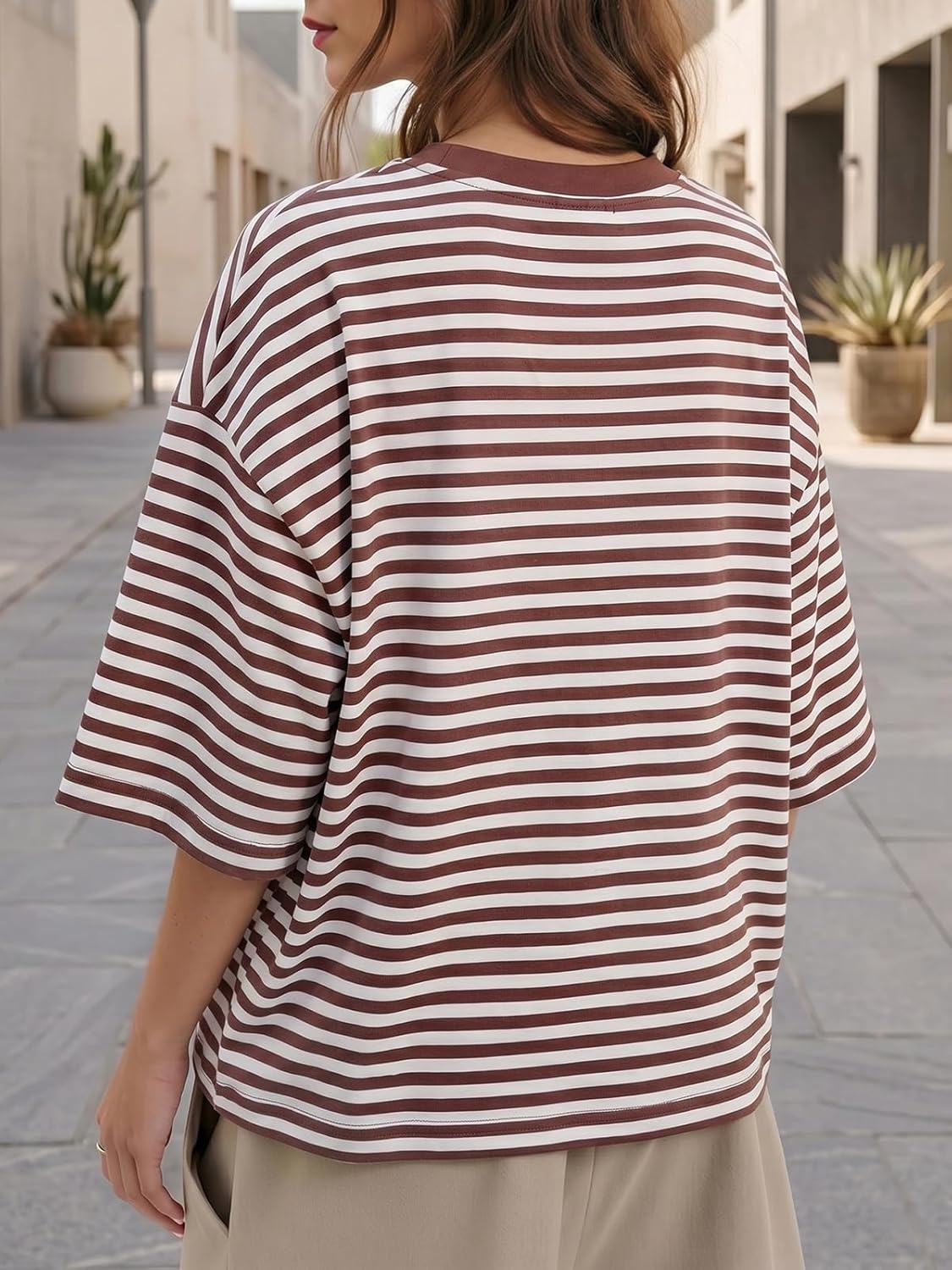 image:imageFisoew Womens Oversized Striped T Shirts Drop Shoulder Color Block Short Sleeve Tops Casual Crewneck Y2K ClothesBrown