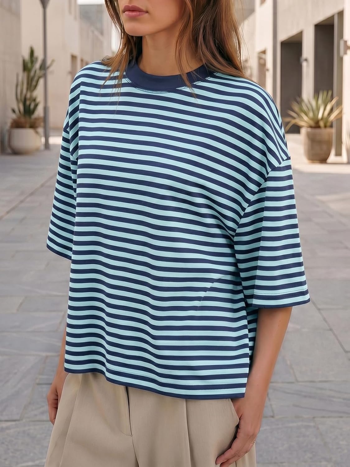 image:imageFisoew Womens Oversized Striped T Shirts Drop Shoulder Color Block Short Sleeve Tops Casual Crewneck Y2K ClothesNavy