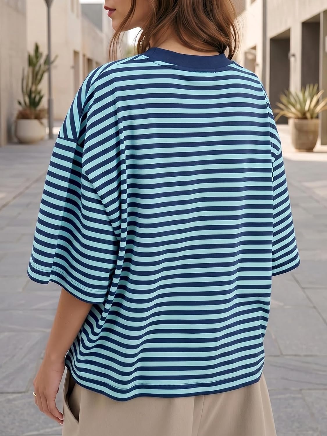 image:imageFisoew Womens Oversized Striped T Shirts Drop Shoulder Color Block Short Sleeve Tops Casual Crewneck Y2K ClothesNavy
