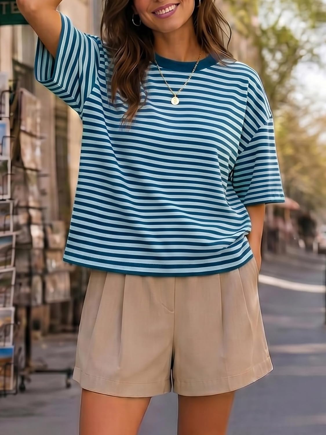 image:imageFisoew Womens Oversized Striped T Shirts Drop Shoulder Color Block Short Sleeve Tops Casual Crewneck Y2K ClothesNavy