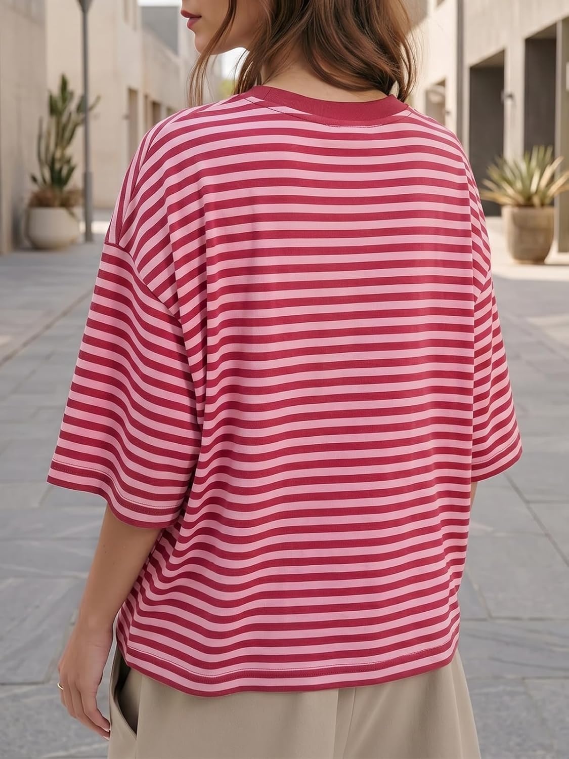 image:imageFisoew Womens Oversized Striped T Shirts Drop Shoulder Color Block Short Sleeve Tops Casual Crewneck Y2K ClothesPink