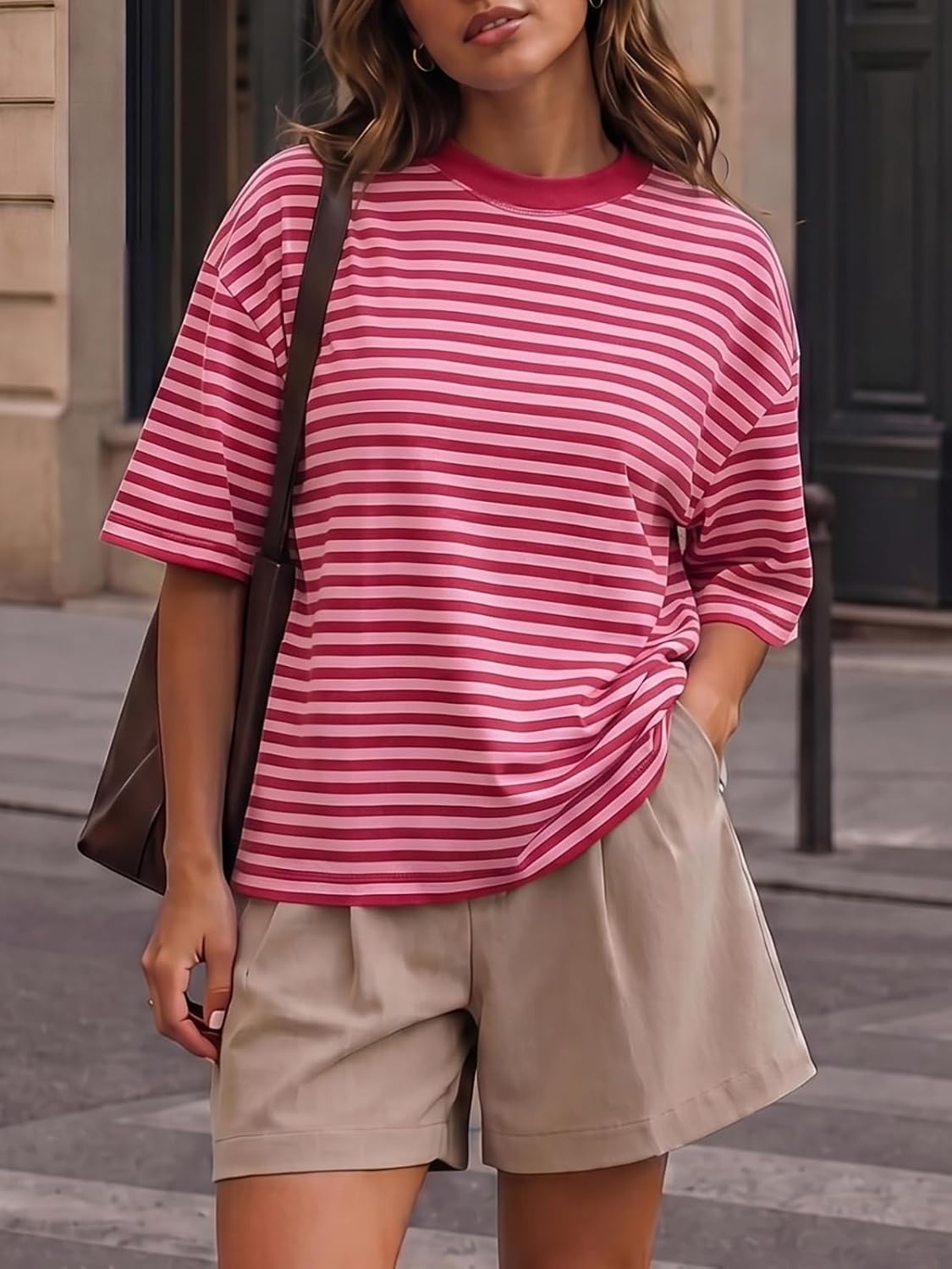 image:imageFisoew Womens Oversized Striped T Shirts Drop Shoulder Color Block Short Sleeve Tops Casual Crewneck Y2K ClothesPink