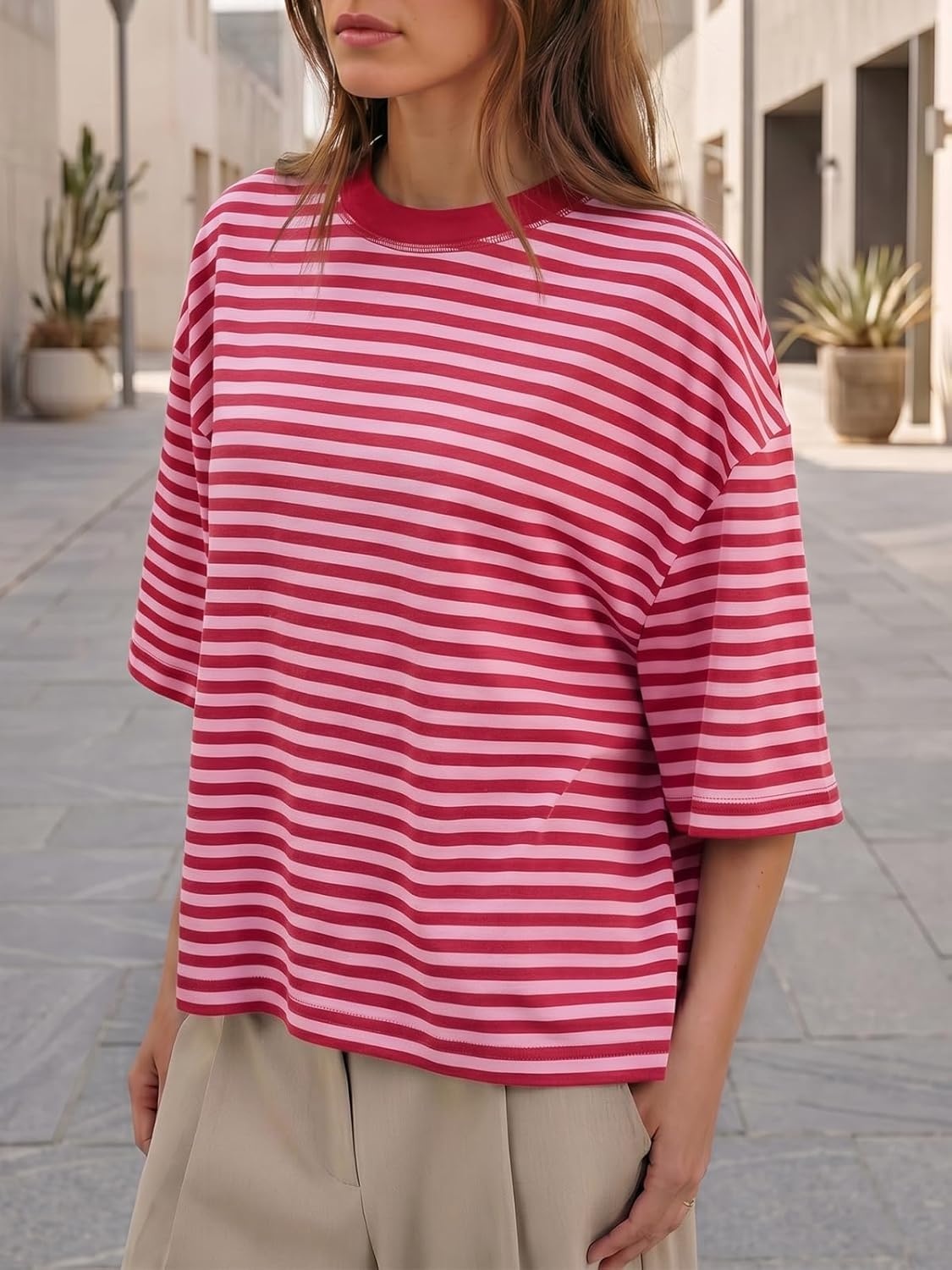 image:imageFisoew Womens Oversized Striped T Shirts Drop Shoulder Color Block Short Sleeve Tops Casual Crewneck Y2K ClothesPink