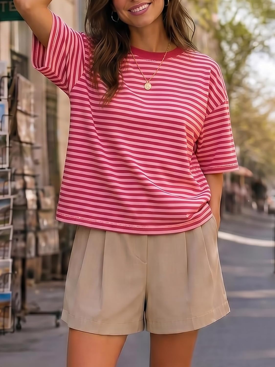 image:imageFisoew Womens Oversized Striped T Shirts Drop Shoulder Color Block Short Sleeve Tops Casual Crewneck Y2K ClothesPink