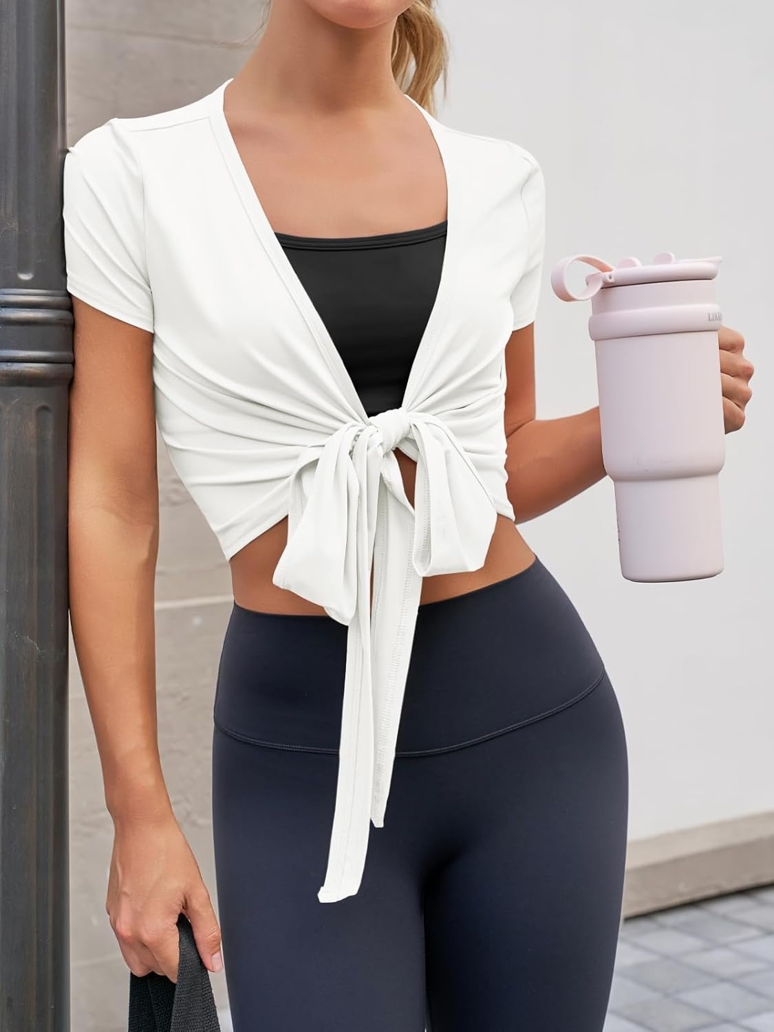 image:imageFisoew Womens Wrap Tie Tops Short Sleeve Ballet Pilates Yoga Crop Shirts Y2k Workout Deep V Neck Casual Wrap Tops White