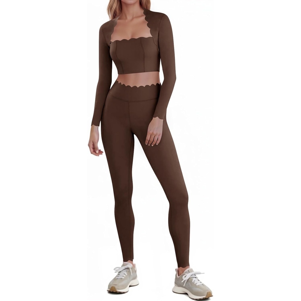 image:imageFisoew Two Piece Workout Sets For Women High Waisted Scolloped Leggings with Crop Tops Gym Yoga Active Wear OutfitsBrown